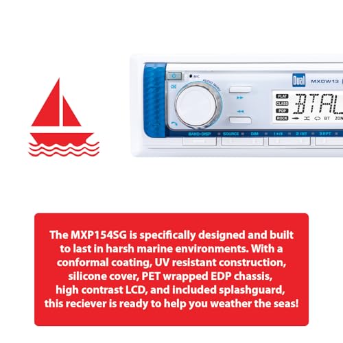 Dual Electronics MXP154SG Marine Radio | AM/FM Digital Media Receiver with Built-in Bluetooth | (4) 6.5″ Marine Stereo Speakers | Splashguard | Antenna | USB Playback with 2.1A Fast Charging | White
