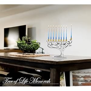 Ner Mitzvah Tree of Life Hanukkah Menorah Fits All Standard Chanukah Candles Modern Chrome Candle Menorahs for Chanukah Silver with Gold Tips