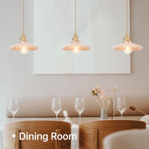 Image of Shenmoyl Pendant Light with Pink Pleated Ceramic Lmapshade, Brass Vintage Pendant Light Adjustable Hanging Light for Kitchen Island Dining Room Hallway