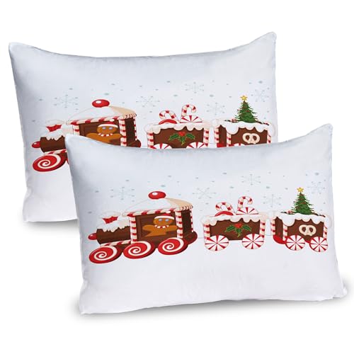 Ambesonne Christmas Pillow Sham Set of 2, Train Gingerbread Cream Candy Cartoon Toys Snowflakes Presents, Quality Microfiber Bedding Item for All Seasons, 30