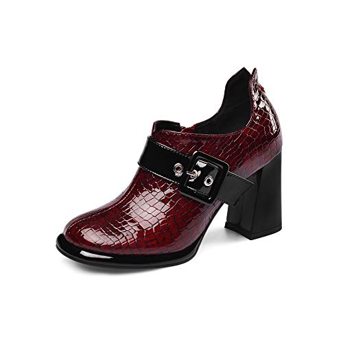 TinaCus Women's Handmade Patent Leather Round Toe Zip Up High Chunky Heel Chic Pumps Shoes with Buckle