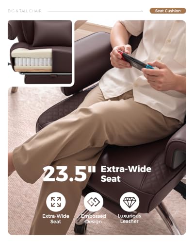 Image of Big and Tall Office Chair, Computer Desk Chair with FootRest, Coffee | High Back Leather Gaming Chair with Lumbar Support, Heavy Duty Ergonomic Executive Office Chair for Home Office Gaming