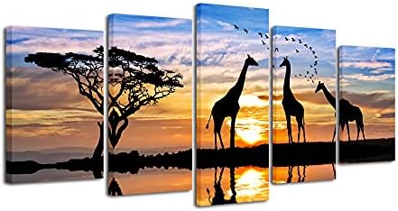 Pyradecor 5 Piece Modern Stretched African Landscape Canvas Prints Animals Sunset Artwork Pictures Paintings on Canvas Wall Art for Living Room Bedroom Kitchen Home Decorations