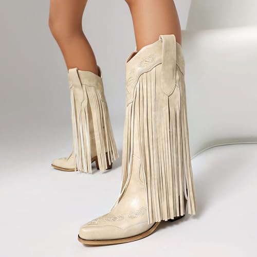 AIJIVOU Embroidered Fringe Cowboy Boots for Women, Pull On Mid Calf Chunky Block Heel Pointed Toe Western Cowgirl Boots Riding Country Boot Retro Boots4