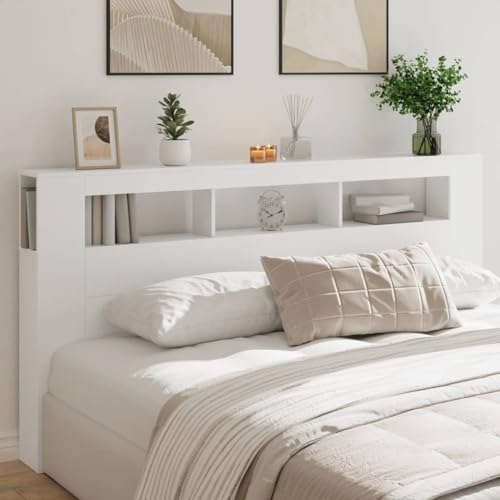 IKAYAA Cabecero con LED Cabecero Cama 200 cm con Almacenaje, Mueble Cabecero Cabecero con Estantes, Cabecero de Madera, Nórdico Práctico y Elegante, Blanco