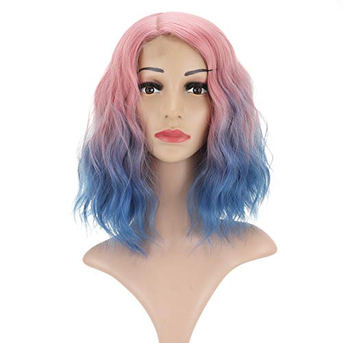 FAELBATY Short Bob Wig Wave Wig Shoulder Length Pink Wig for Women Side Part Lace Frontal Synthetic Wig(12 inch pink to blue)
