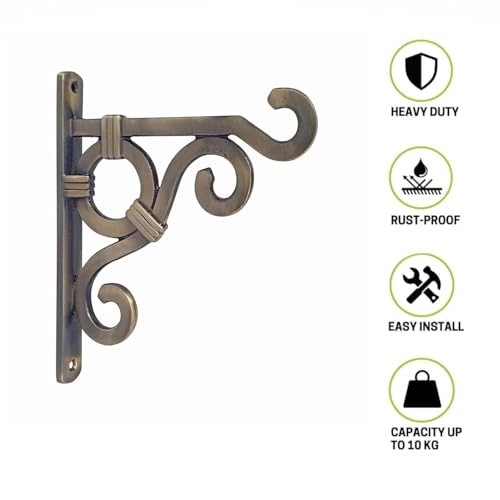 Image of Metal Wall Hook Hanging Plant Bracket | Decorative Straight Plant Hanger for Pots, Bird Feeders, Planters, Lanterns, Cotton, Wind Chimes Indoor Outdoor, (Brass Antique, Pack of 1)