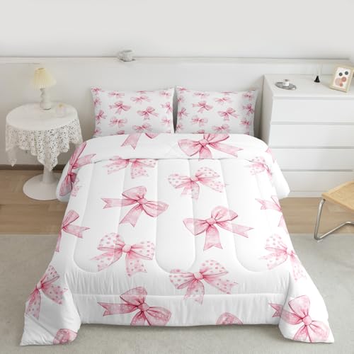 Image of Erosebridal Pink Bow Kids Bedding | Coquette Bowknot Queen Comforter Sets,Princess Girls Ribbon Bowtie Comforter Watercolor Cute Duvet Insert with 2 Pillow Cases