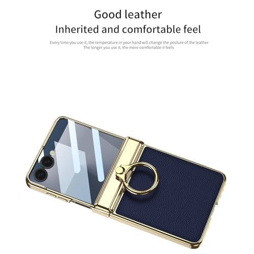 Image of Midkart Magnetic Leather Cover Compatible with Samsung Galaxy Z Flip 7 Release 2025 Hinge Protection Case Ring Holder Kickstand Electroplated with Front Glass and Camera Protection, Blue