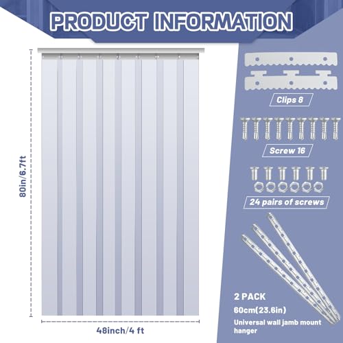 Image of Juexica 48 x 80 Inch Plastic Strip Door Curtain Kit 0.08'' Walk in Cooler Curtains Thickness PVC Freezer Door Curtain Smooth Waterproof Hurricane Shutters Gate for Warehouse Garage Industry(Clear)