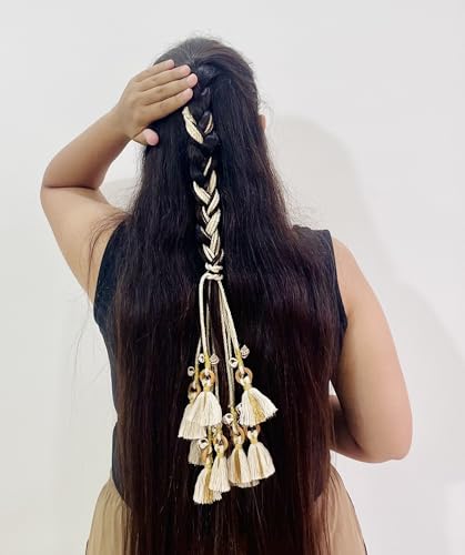 Image of Zippy Flora Handmade Shankh Boho Parandi | | Traditional Hair Accessory with Tassles | Hair Extension |Women's Patiala Shahi Paranda | Choti |Shankh Parandi (Off-white) | 22 Inches Length