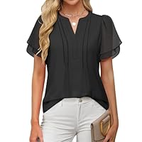 ANRABESS Blusas femininas elegantes de chiffon, gola V, pétala, manga curta, 2025, verão, casual, negócios, escritório, trabalho, Preto, P