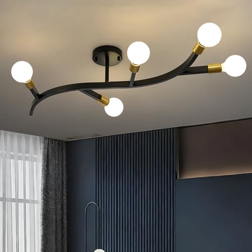 SHBEILOU Semi Flush Mount Sputnik Ceiling Light, 5-Light Black and Gold Mid Century Modern Chandelier for Low Ceiling, Off Center Modern Ceiling Lamp for Living Room Dining Room Kitchen