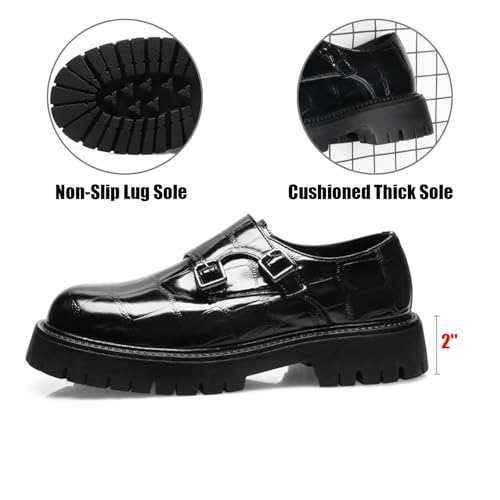Men's Leather Printed Platform Monk Buckles Dress Loafers Fashion Round Toe Chunky Block Heel Non-Slip Slip-On Formal Business Shoes for Wedding Party Work4