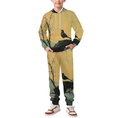 Boys Girls Hoodie Pants Hooded Sweatshirt Sweatpant 2 Piece Clothing Set, Blue Moon Bird Vintage