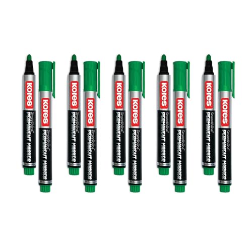 Image of Kores Smoothline+ Permanent Marker Pen, Green | Pack of 10 | Bold, Fade-Resistant & Quick-Dry Ink | Long-Lasting, Non-Toxic, Smooth Writing for Office, School & Home |
