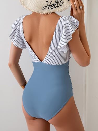 Image of B2prity One Piece Swimsuits for Women Ruffle Sleeve V Neck Bathing Suit Tummy Control Cutout Monokini Slimming Swimwear