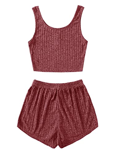 Image of SOLY HUX Women's Button Front Ribbed Knit Tank Top and Shorts Pajama Set Sleepwear Lounge Sets Plain Red L