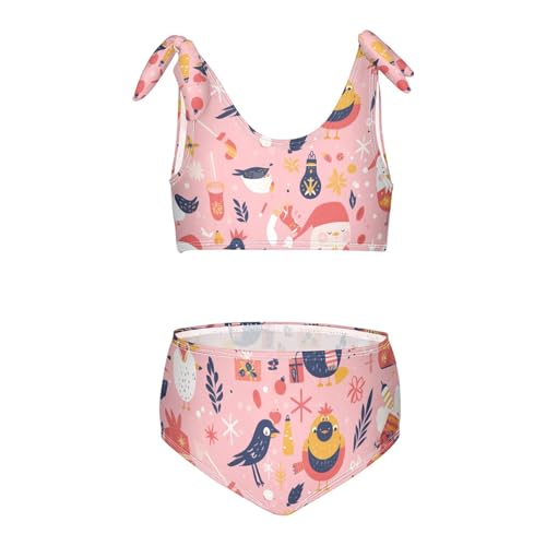 KLL Cute Cartoon Character and Christmas Elements Pink Girls 2 Pieces Bikini Set Quick-Dry Swimsuit Swimwear Adjustable
