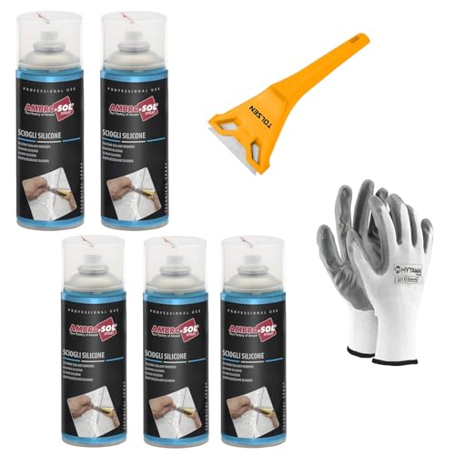 Disuelve silicona, elimina la silicona y los residuos relativos sin atacar las superficies, actúa rápidamente, spray 5 x 400 ml. El kit incluye 1 raspador y 1 par de guantes de nitrilo