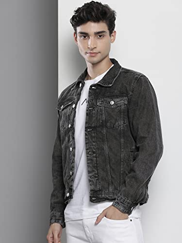 Image of The Indian Garage Co Men Blue Slim Fit Solid Denim Trucker Jacket