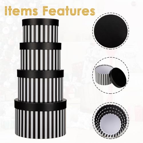 Oairse Gift Boxes with Lids for Presents Black and White Striped Round Box for Flower Arrangements Set of 4 Nesting Gift Boxes Bulk for Bridesmaid, Proposal, Wedding, Birthday, Party Favor Graduation - Image 8