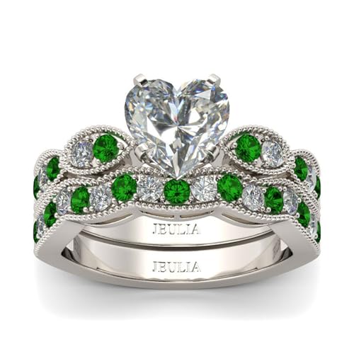 Jeulia 3 Carat CZ Solitaire Engagement Rings Halo Milgrain Heart Cut Sterling Silver Ring Set Promise Engagement Wedding Anniversary Rings Bridal Sets for Women (Green, 9)