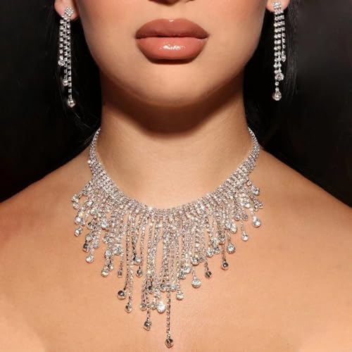 YERTTER Sparkle Silver Full Tennis Rhinestone Fringe Chain Adjustable Collar Luxury Tassel Crystal Statement Clavicle Choker Necklace for Wedding Women (Silver 3)2