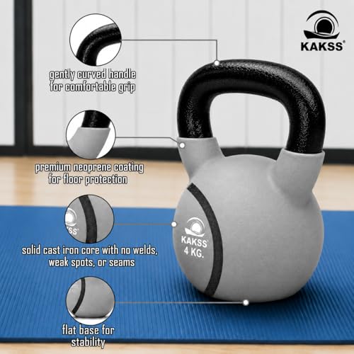 Image of Kakss Half Coating Neoprene Kettlebell (2kg to 40kg)(Proudly Made in India) (4kg, Grey)