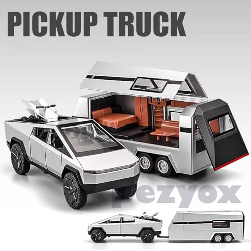 Image of 1:32 Scale Die-Cast CyberrTruck Pick-Up Trailer with 6 Openable Doors Pull Back Action,Lights & Music (Silver)
