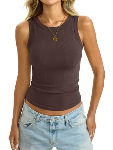 Image of EasyGala Womens Ribbed Seamless Tank Knit Crew Neck Shirt Summer Fitted Sleeveless Top Casual Basic High Neck Clothes