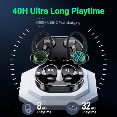 Image of Bluetooth Earbuds 5.4 40hrs Playtime Wireless Charging Case Digital Display Sport Ear Buds with Earhooks Deep Bass IP6 Waterproof Over-Ear Earphones for Phone Laptop