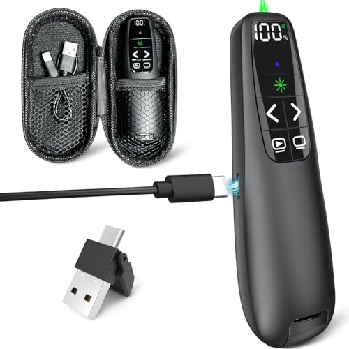 Image of Presentation Clicker & Case, Green Laser Power Display Presenter Remote | 2‑in‑1 USB /Type C Receiver, Rechargeable Red Laser Pointer Wireless Computer PowerPoint PPT Clickers for Mac /Windows