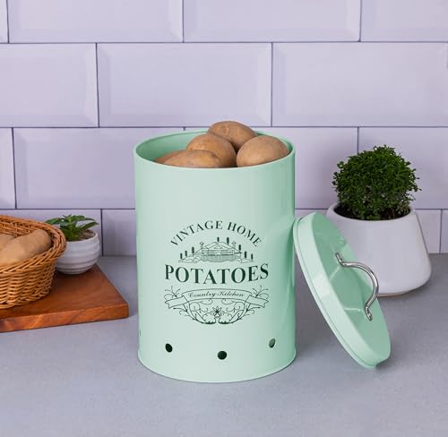 Image of Metallure Home Round Classic Kitchen Storage Containers | Set of 3 Metal Jars With Lid | Potato, Onion & Garlic (Food Safe) (Light Green)