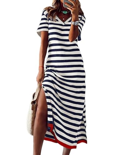 Wkior Women's Summer Maxi Dress Loose Casual Long Dress Color Block Short Sleeve Split Maxi Dresses(S-2XL)
