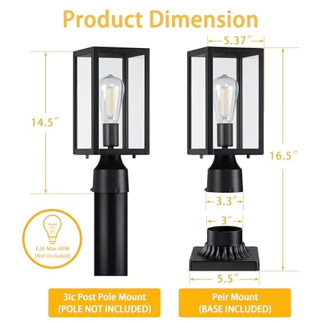 Outdoor Post Lights with Pier Mount Base, 2-Pack Modern Lamp Post Light Fixture Waterproof Pole Lights Outdoor Column Lights Exterior Post Lantern with Clear Glass for Garden Patio