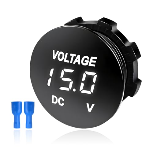 FSTURIOS DC 12V 24 V Voltmeter Gauge Car LED Digital Display Round Panel Voltage Gauge Meter Waterproof Mini Volt Tester Battery Monitor Indicator for Car Truck Marine Boat (White)
