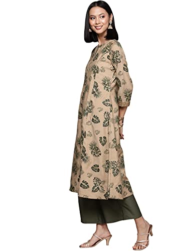 Image of ZIYAA Women's Beige Chanderi A-Line Kurta Palazzo and Dupatta Set