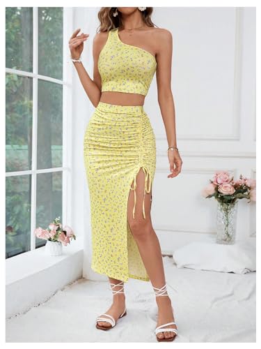 WDIRARA Women's 2 Piece Outfits Floral Print Skirt Set One Shoulder Crop Top Drawstring Split Skirt3
