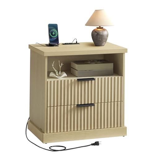 VASAGLE MAXE Collection - Nightstand with Charging Station, Fluted Night Stand, Bedside Table, Side End Table with 2 Drawers, 2 AC Outlets, 2 USB Ports, Transitional, Oak Beige ULET626Y01S T