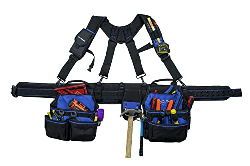 Image of MELOTOUGH Pro Framer's Combo System Apron Tool Pouch Tool Belt with Suspenders Builder Heavy Duty Carpenter Suspension Rig Tool Belt and Multi Function (Blue)