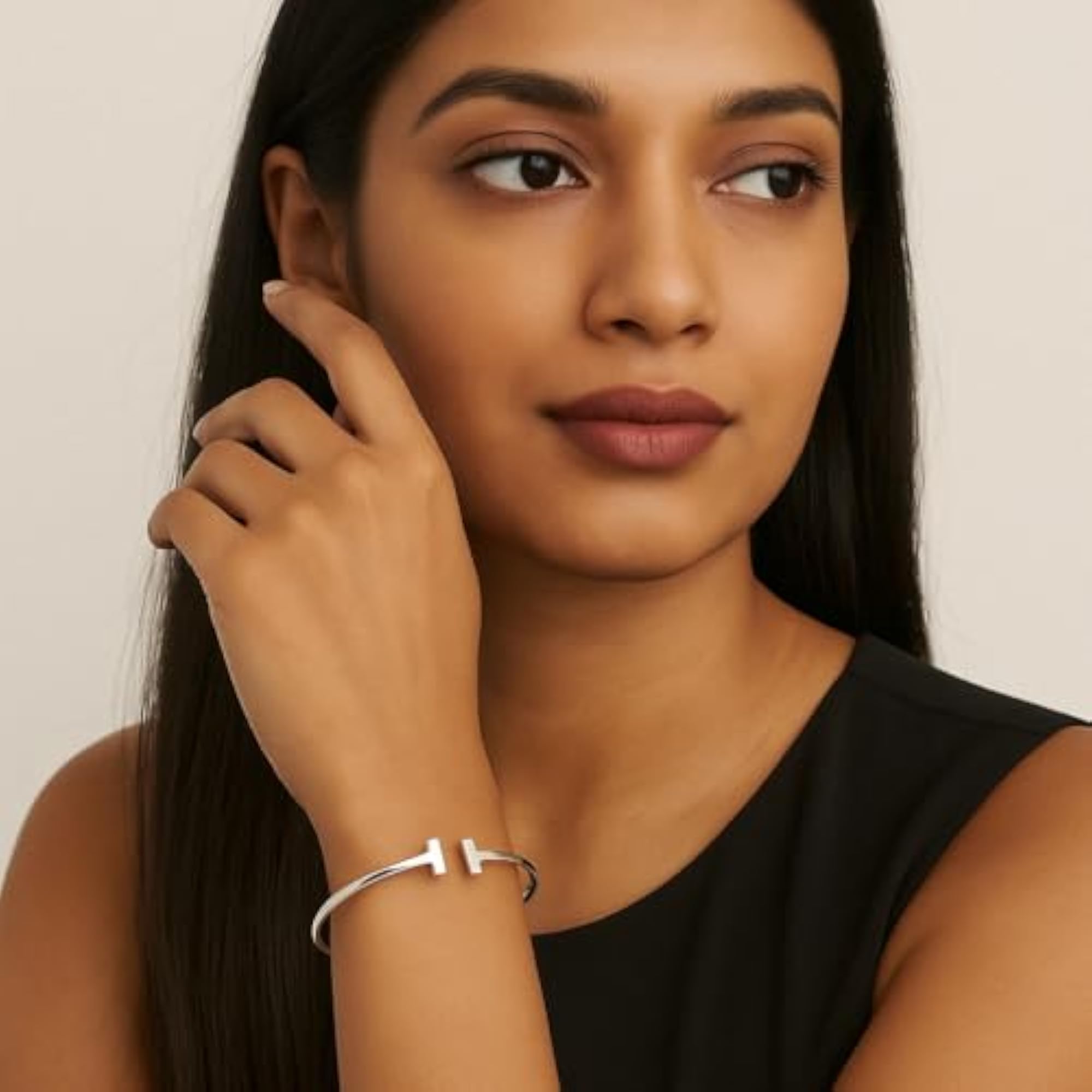 925 Sterling Silver T-End Open Cuff Bangle, Luxury Gift