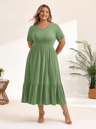 Image of LARACE Plus Size Dresses for Women Summer Casual Short Sleeve Long Dress Flowy Maxi Beach Dresses with Pockets L-6XL
