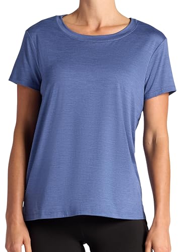 Gaiam Women’s Align Marled T-Shirt, Relaxed Fit, Stretch Midweight Heathered Material, High-Low Hem, Blue Indigo Heather, Large