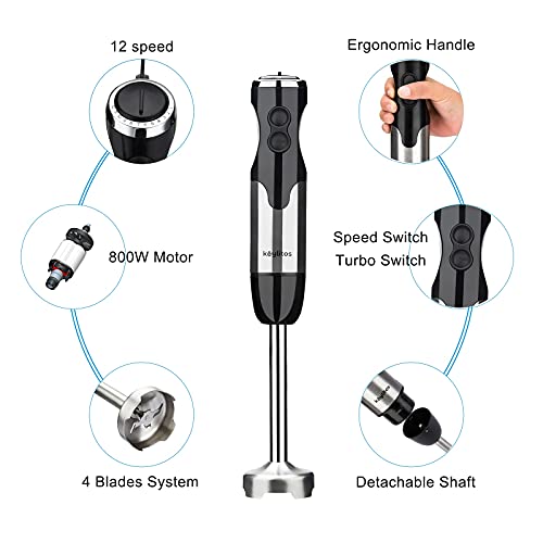 Keylitos 5-In-1 Immersion Hand Blender, Powerful 12-Speed Handheld Stick Blender With 304 Stainless Steel Blades, Chopper, Beaker, Whisk And Milk Frother For Smoothie, Baby Food, Sauces Red,Puree, Soup (Black) #TOP5