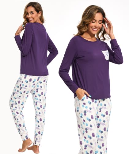 Image of GYS Bamboo Viscose Sleep Sets for Women Long Sleeve Crew Neck Pajama Sets with Pockets