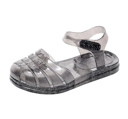 Toddler Jelly Sandals for Girls Jellies Shoes T-Strap Soft Clear Flats Black Slippers Size 8 Retro Slides Summer Beach Glitter Slingback