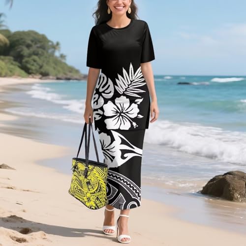 Image of Puletasi Samoan Traditional 2 Piece Outfits for Women Short Sleeve Crop Top and Maxi Skirt Sets Puletasi Dress