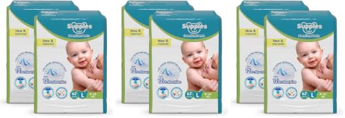 Image of Amazon Brand - Supples Premium Baby Diaper Pants | 124 Baby Diapers | Large | 9-14 Kg | 12 Hrs Absorption | Cushiony Cotton Soft Fabric | Phthalates-Free | Triple Leak Guard | 62 Count, Pack of 6