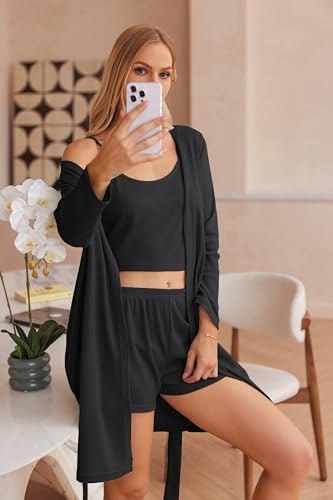 Image of Ekouaer Pajamas for Women Set 3 Piece Lounge Set Soft Pajama Sets Waffle Knit Tank Top and Shorts Cardigan with Pockets S-XXL